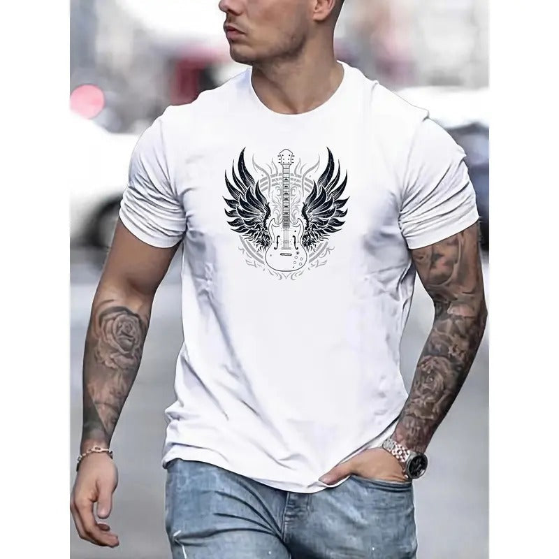 Unique Guitar With Wings Graphic Print Casual Short Sleeve T-Shirt for Men, Perfect Summer Tees Made in USA Hoodie,...