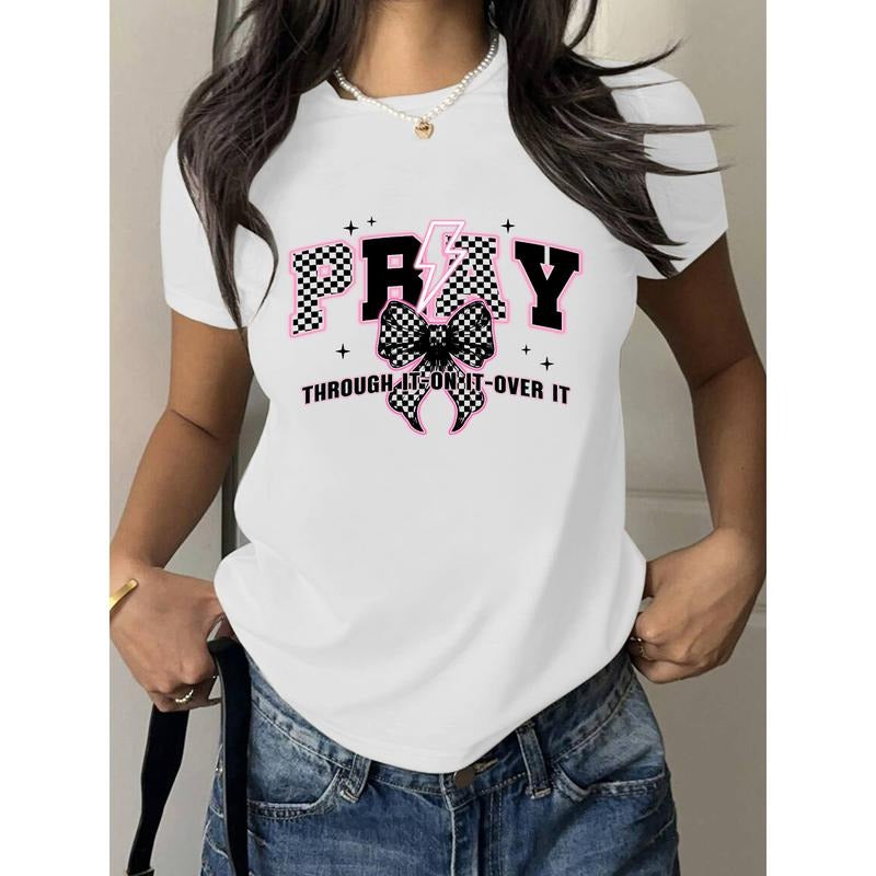 "Unique Women's T - Shirt with an Inspiring Message, Showcasing a Cool Checkered Bow and Lightning Bolt Graphic with a Prayer