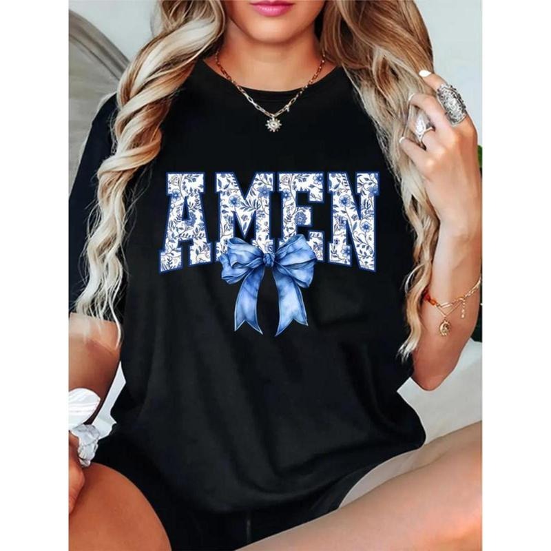 Unisex Amen Floral Toile Blue Bow Religious Faith Jesus TShirt Christ Christian Tops Casual Top Hoodie, Sweatshirt