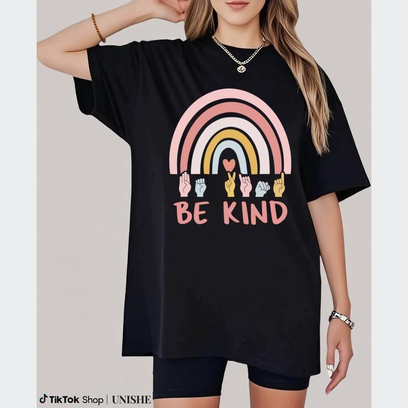 Unisex Be Kind ASL Deaf Teacher T-Shirt, 100% Cotton Casual Short Sleeve Top Hoodie, Sweatshirt | UrbanDripWear.com