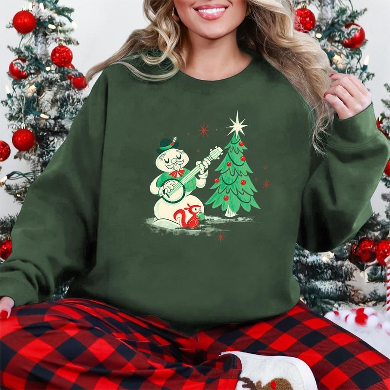 Unisex Christmas Banjo-Playing Snowman and Christmas Tree 50% Polyester 50% Cotton Crewneck Sweatshirt,Christmas Gift...