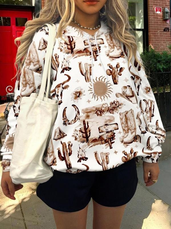 Unisex Fall & Winter Hoodie, Cow Boot Cactus Western Desert Boho Graffiti Print, Casual Fitted Sweatshirt for Fashionable...