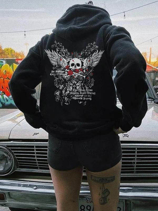 Unisex Fall Winter Hoodie, Casual Punk Style Skull Wings Print, Loose Fit Fleece Sweatshirt, Fashionable Streetwear for...