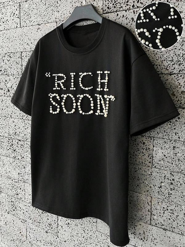 Unisex Fashion Beaded Short Sleeve T-Shirt, Rich Soon Pearl Letter Print, Comfortable Loose Fit Streetwear for Daily Wear...