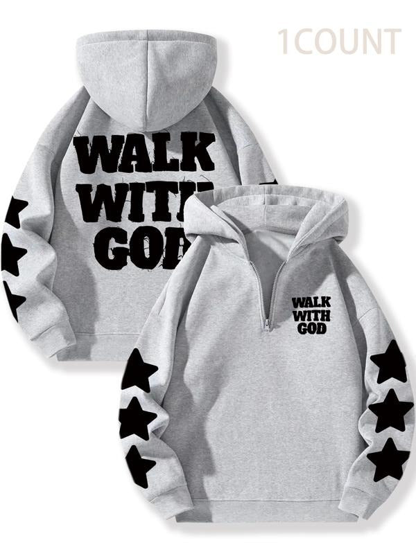 Unisex Fleece Lined Hoodie with Zipper, Half-Zip Design, Star Print Casual Hooded Sweatshirt for Fall & Winter Outdoor...