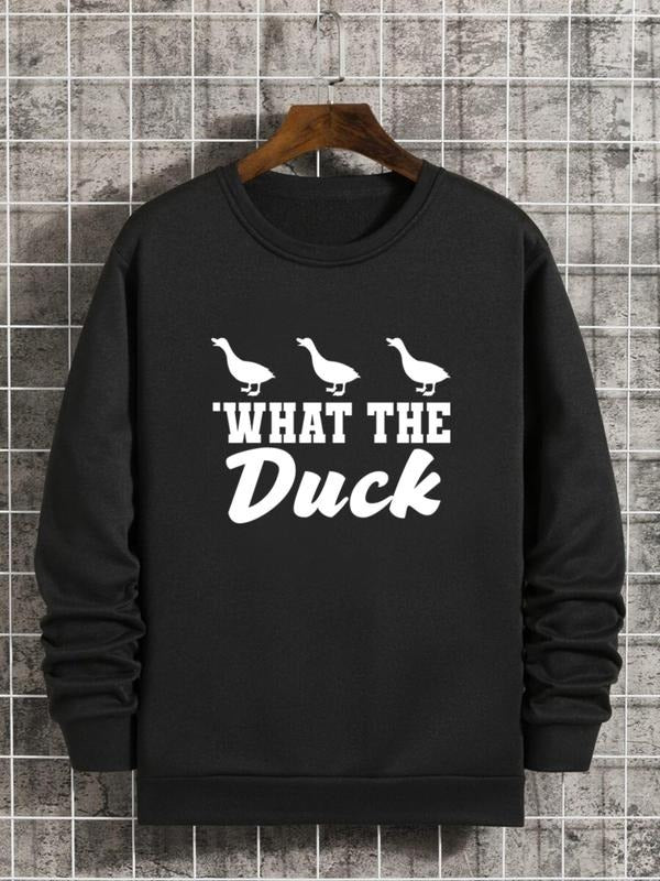 Unisex Men's Cartoon & Letter Print Round Neck Sweatshirt, Regular Fit "WHAT THE Duck" Print Long Sleeve Crew Neck...