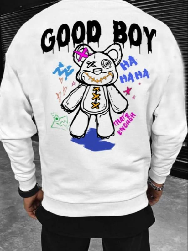 Unisex Men's Cartoon Bear Print Long Sleeve Graphic Sweatshirt, Regular Fit Casual Essentials Sweatshirt, Men's Top for...