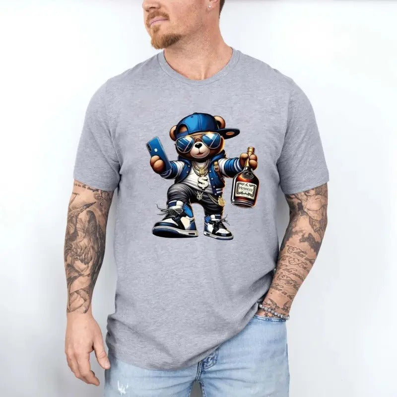 Unisex Men's Cartoon Bear Print Round Neck Tee, Regular Fit Casual Crew Neck Short T Shirt, Unisex Short Sleeve Tee...