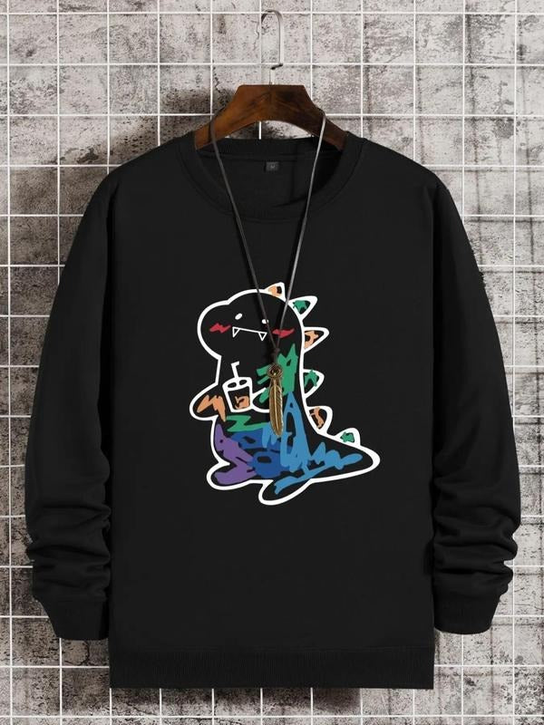 Unisex Men's Cartoon Dinosaur Print Round Neck Sweatshirt, Regular Fit Casual Long Sleeve Crew Neck Pullover, Essentials...
