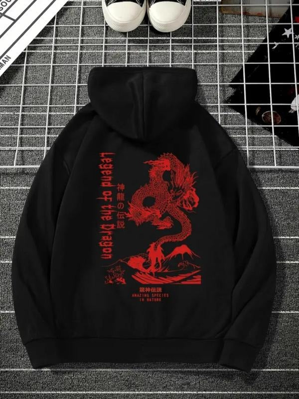 Unisex Men's Dragon & Letter Print Hoodie, Essentials Hoodie Pullover Tops, Regular Fit Casual Drawstring Pocket Hooded...