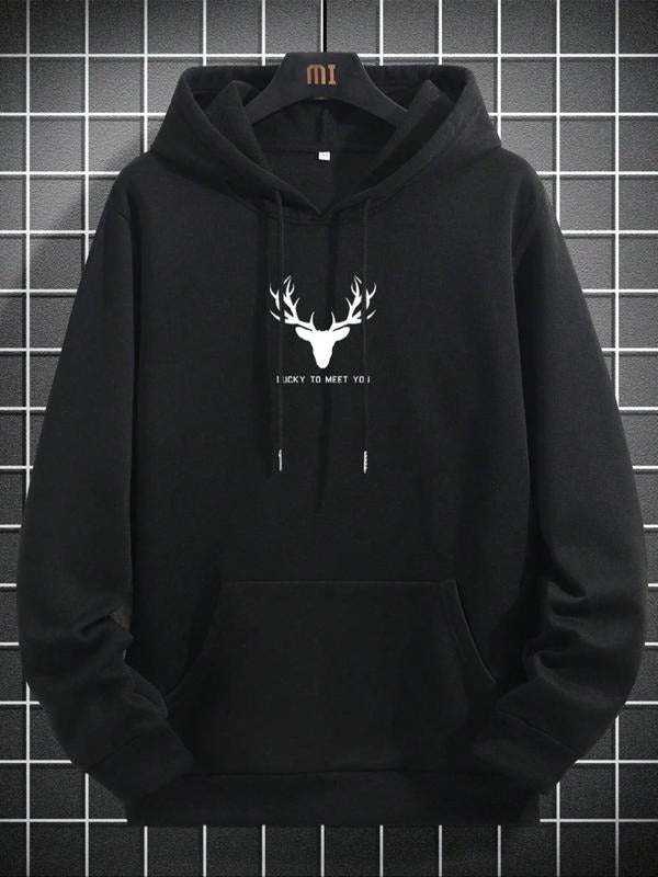 Unisex Men's Essentials Hoodie, Graphic Long Sleeve Drawstring Hoodie, Deer & Letter Print Pocket Hooded Sweatshirt,...