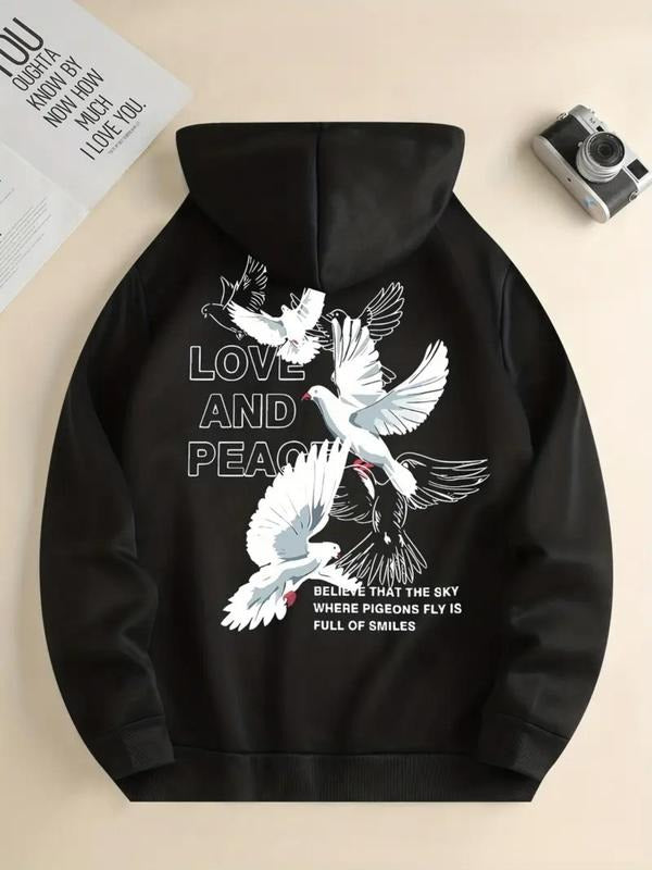 Unisex Men's Letter & Bird Print Drawstring Long Sleeve Essentials Hoodie, Regular Fit Casual Graphic Pocket Hooded...