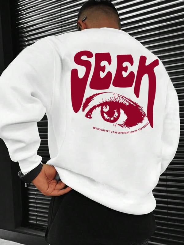 Unisex Men's Letter & Eye Print Sweatshirt, Regular Fit Casual Essentials Sweatshirt, Comfy Long Sleeve Round Neck...
