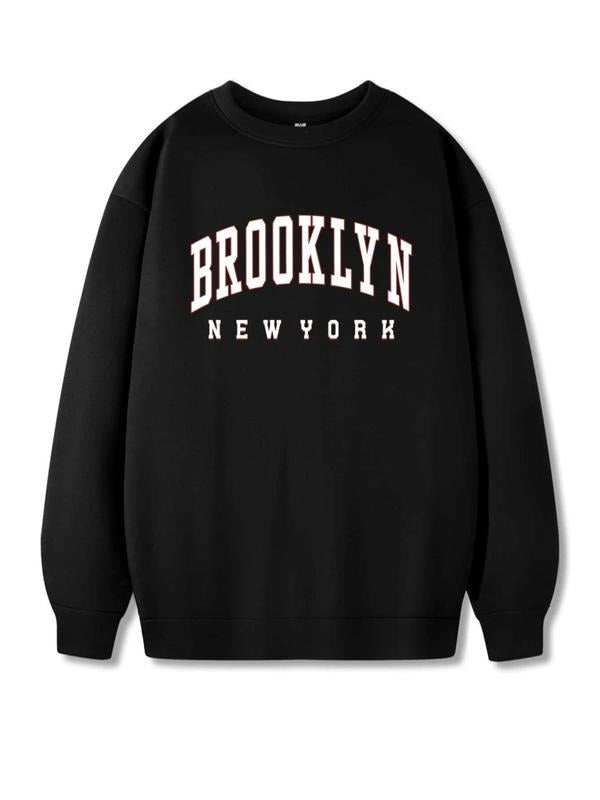 Unisex Men's Letter Graphic Drop Shoulder Essentials Sweatshirt, Round Neck Long Sleeve Pullover, Black Casual Crew Neck...