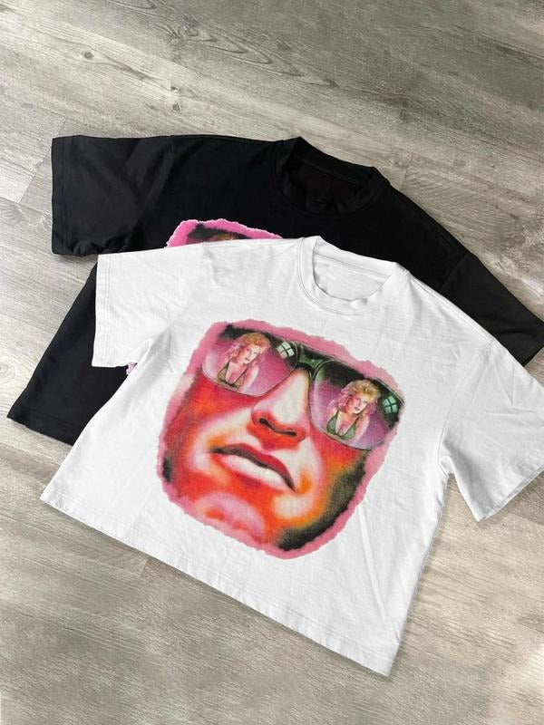 Unisex Men's Person Face Print Round Neck Tee, Regular Fit Casual Short Sleeve T-shirt, Men's Summer Top for Daily Wear...
