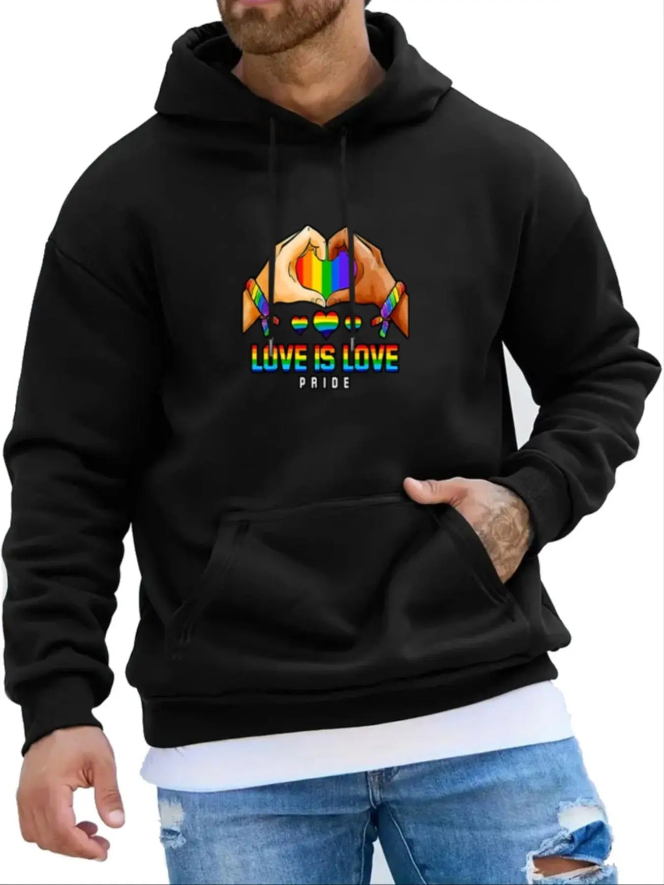 Unisex Men's Rainbow Striped Print Heart & Letter Print Drop Shoulder Hoodie, Fashion Casual Regular Fit Drawstring...