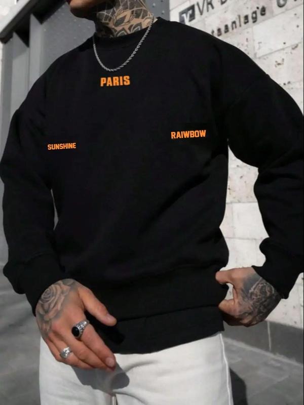 Unisex Men's Regular Fit Letter Print Drop Shoulder Essentials Sweatshirt, Casual Soft Comfy Long-sleeve Round Neck...