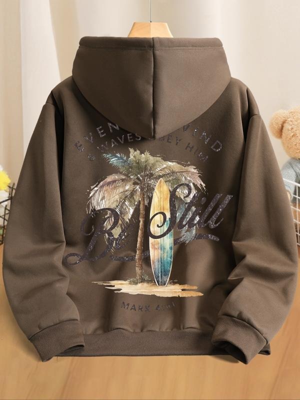 Unisex Street Style Fall Winter Fleece Hoodie, Coconut Tree Letter Print, Butterfly Knot Deer Pattern, Fashionable Casual...