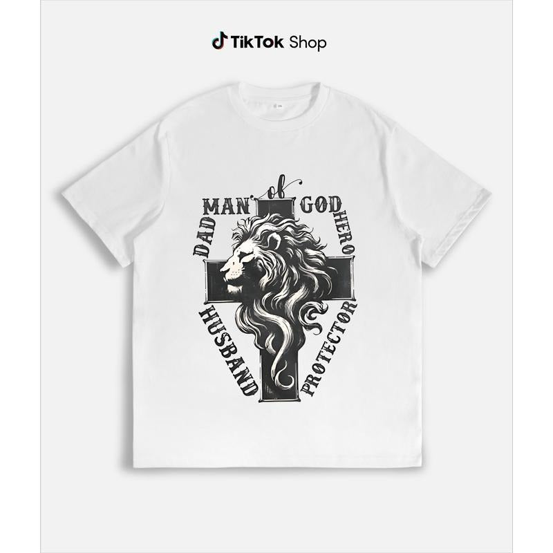 "Unisex T - Shirt Celebrating Masculine Roles: 'Man of God' with a Lion and Cross Graphic, Emphasizing Dad, Husband,...