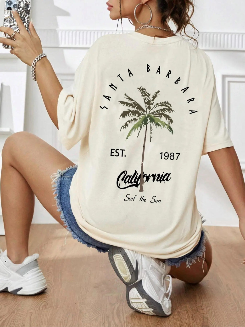 Unisex Women's Letter & Palm Tree Print Round Neck Tee, Trendy Casual Drop Shoulder Half Sleeve T-shirt for Daily Wear,...