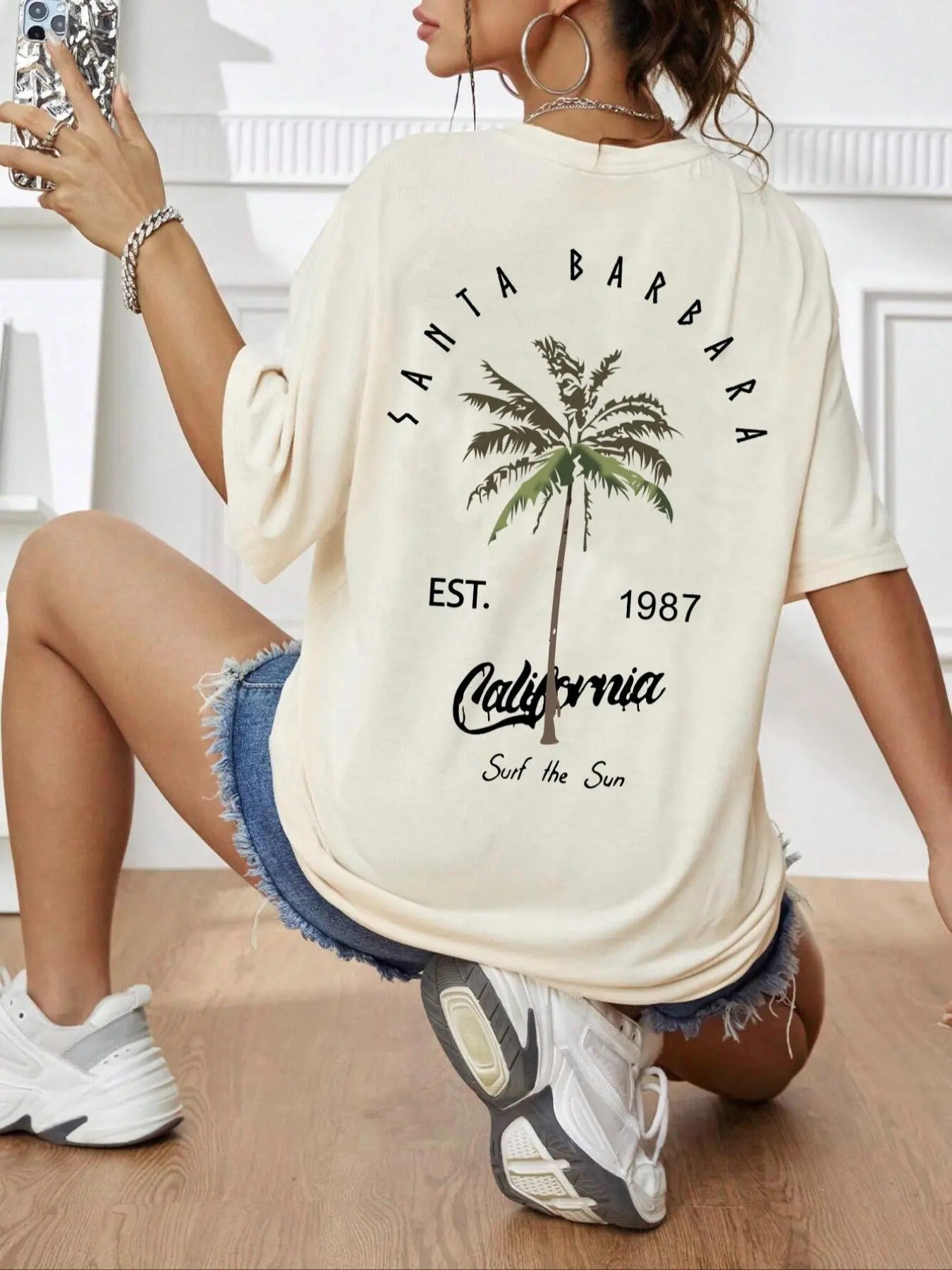 Unisex Women's Letter & Palm Tree Print Round Neck Tee, Trendy Casual Drop Shoulder Half Sleeve T-shirt for Daily Wear,...