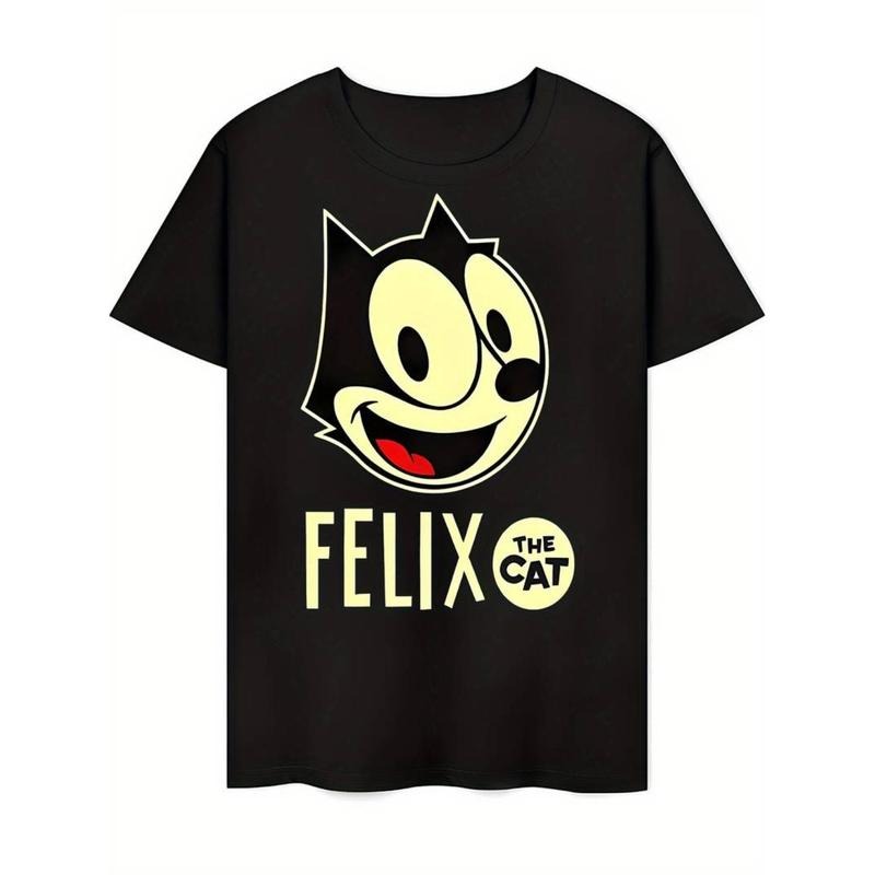 Unisex casual sport black T-shirt with bold yellow cat Felix pattern and text print - regular round neck, machine...
