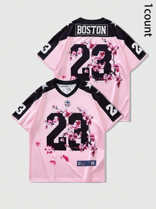 Unisex's Cherry Blossom Print V Neck Sports Tee, Street Fashion Casual Short Sleeve T-Shirt, Jersey Shirt for Daily Wear,...