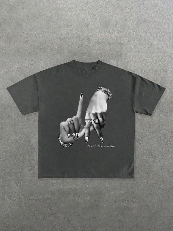 Unisex's Hand Gesture Print Round Neck Tee, Fashion Casual Crew Neck T-shirt for Daily Holiday Vacation Outdoor Wear,...