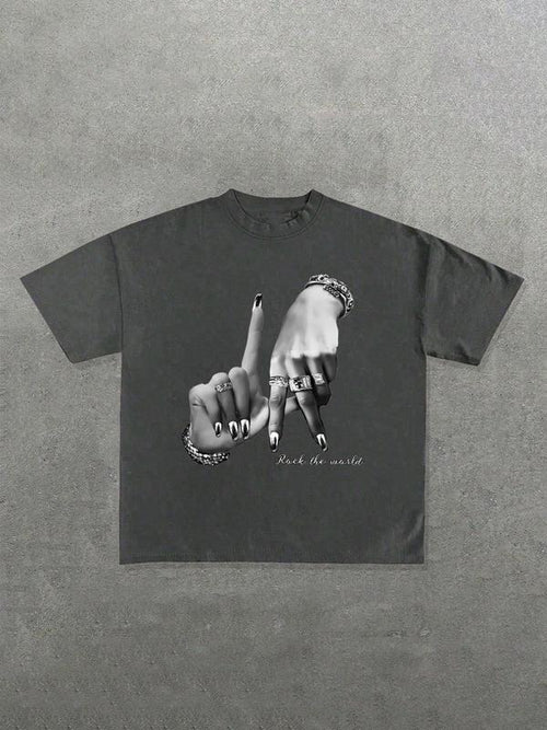 Unisex's Hand Gesture Print Round Neck Tee, Fashion Casual Crew Neck T-shirt for Daily Holiday Vacation Outdoor Wear,...