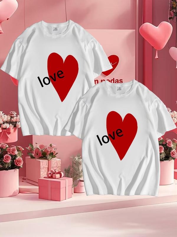 Unisex's Heart & Letter Print Short Sleeve Tee, Regular Fit Casual Round Neck Graphic T-shirt for Summer, Unisex's Top...
