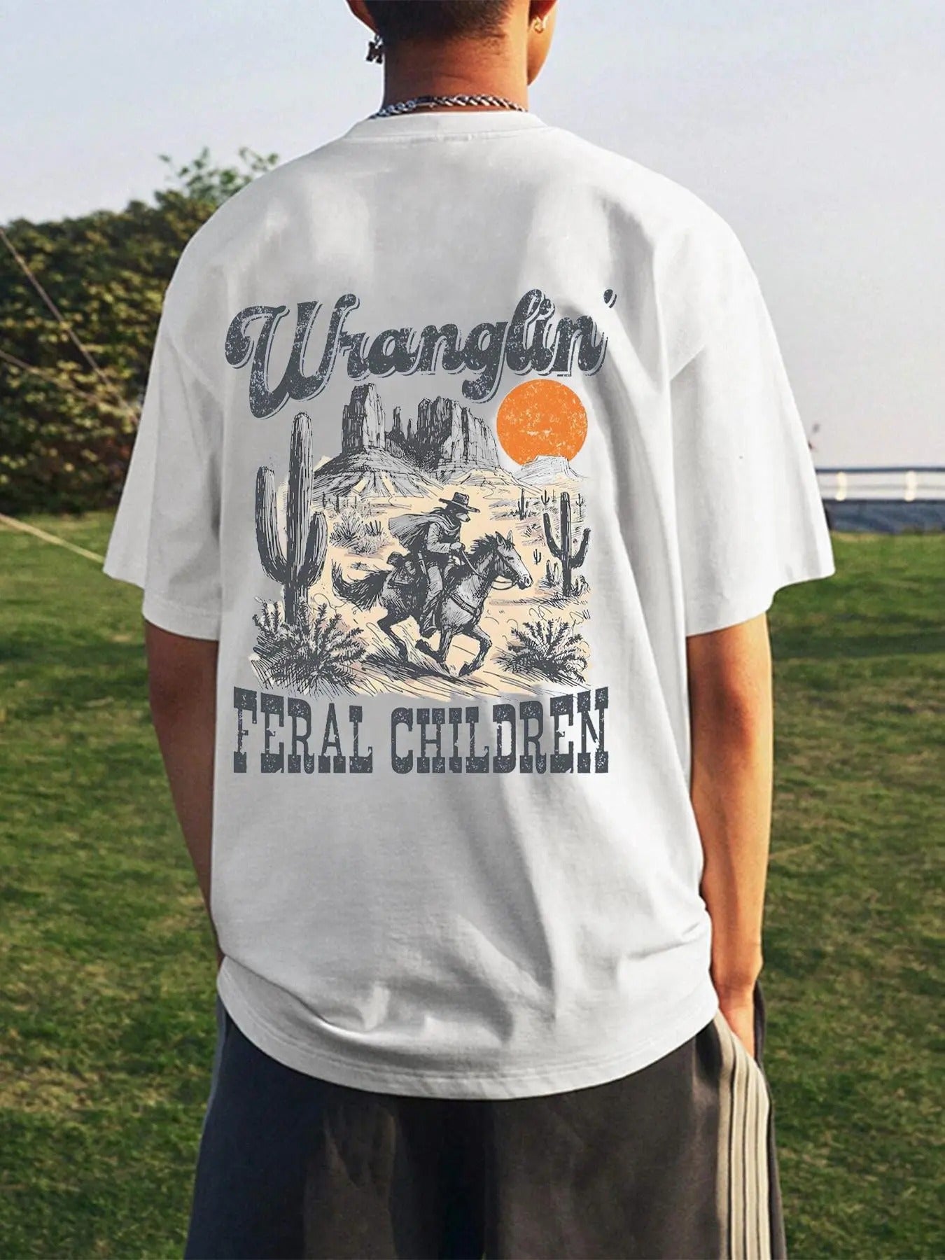 Unisex's Letter & Cowboy Print Drop Shoulder Tee, Casual Comfy Short Sleeve Round Neck T-shirt for Daily Wear, Unisex's...