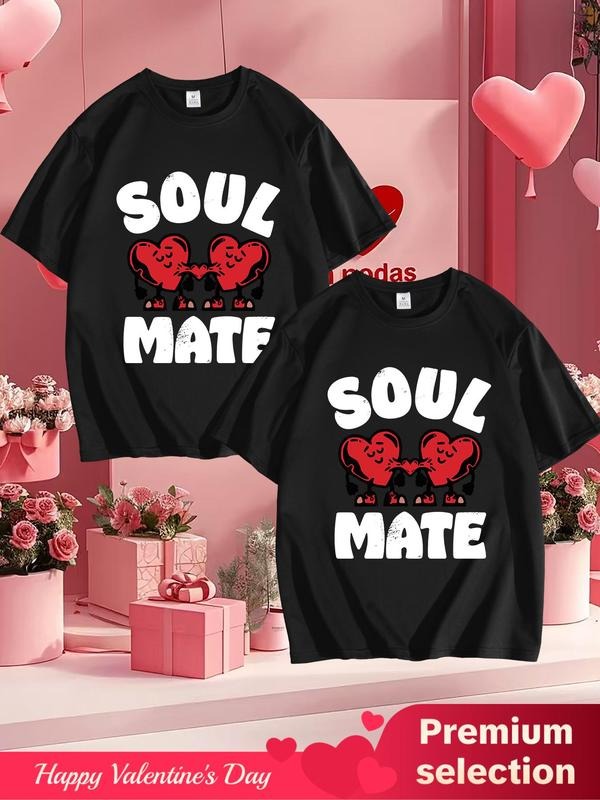Unisex's Regular Fit Letter & Heart Print Short Sleeve Tee, Casual Round Neck Graphic T-shirt for Summer, Unisex's Top...