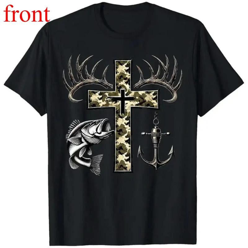 UnisexChristian Faith Camo Hunting & Fishing Graphic T-Shirt 100% Breathable Short Sleeve Tee with Deer Antlers Cross &...