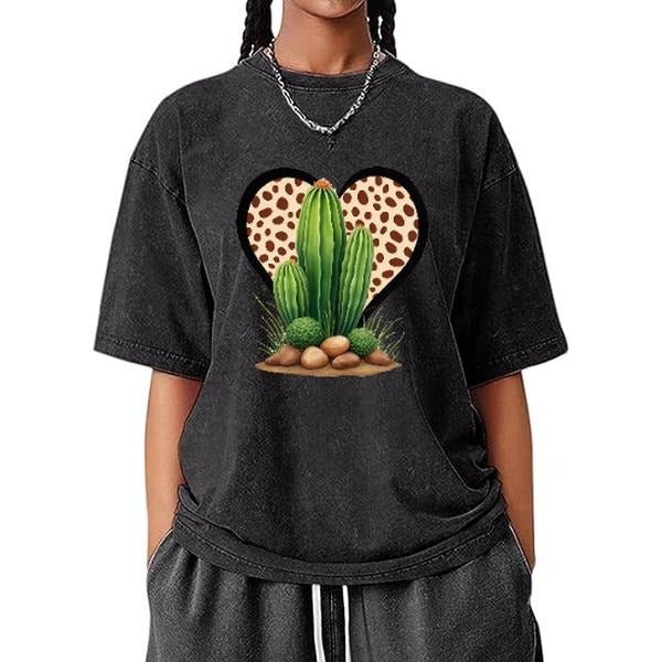 Unleash Vintage - Inspired Edge! This women's washed T - shirt, adorned with a trendy cactus - heart graphic, is perfect...