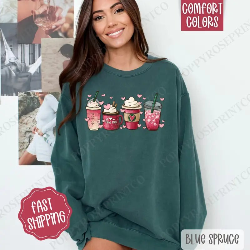 Valentine Coffee Comfort Colors Sweatshirt, Coffee Lover Women's Crewneck, Cute Women's Sweater