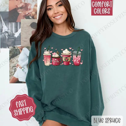 Valentine Coffee Comfort Colors Sweatshirt, Coffee Lover Women's Crewneck, Cute Women's Sweater