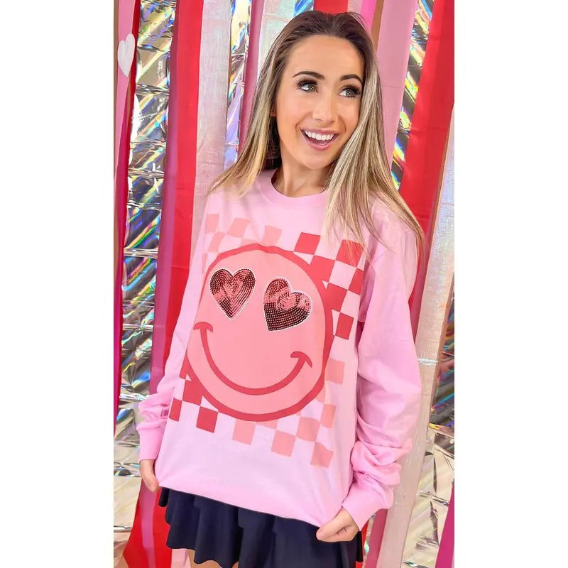 Valentine Sequin Smiley Graphic Long Sleeve T-Shirt Hoodie, Sweatshirt | UrbanDripWear.com