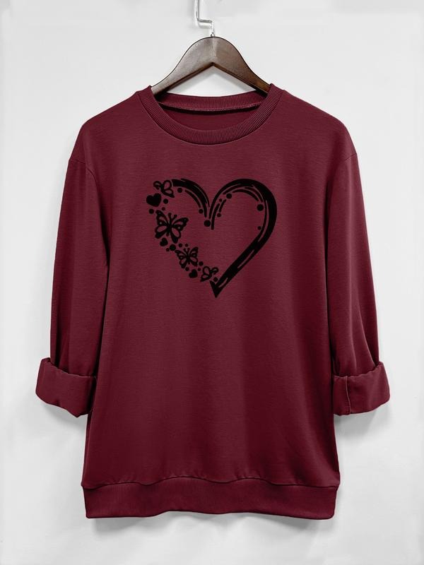 Valentine's Day Fall Winter Fashion Casual Heart Print Long Sleeve Round Neck Women's Pullover Sweatshirt, Perfect...