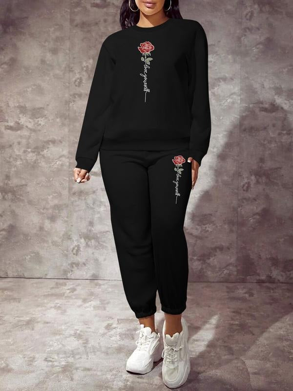 Valentine's Day Fashion Casual Home Outdoor Fitness Romantic Rose Print Long Sleeve Women's Two-Piece Set, Comfortable...