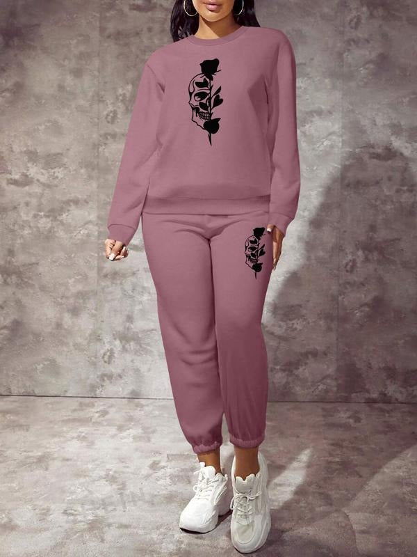 Valentine's Day Fashion Casual Home Outdoor Fitness Romantic Rose Skull Print Long Sleeve Women's Two-Piece Set,...