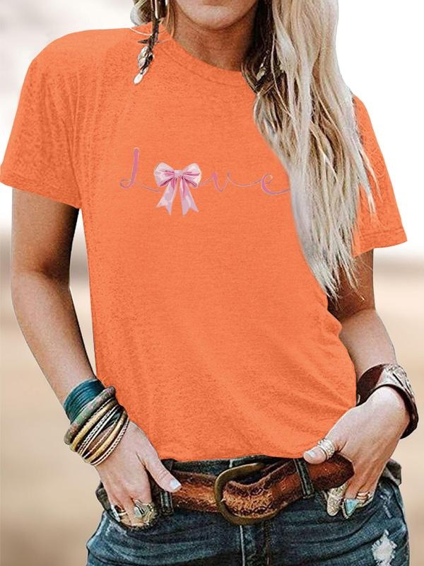Valentine's Day Fashion Casual Romantic Bow Design Love Letter Print Round Neck Short Sleeve T-Shirt for Women, Soft...