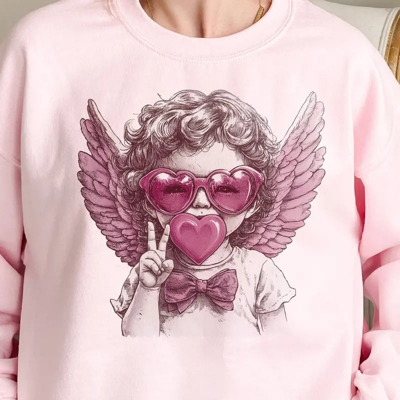 Valentines Bubblegum Cupid Sweatshirt Cute Angel Sunglasses Pullover Valentine Peach Cupid Sweatshirt Love Cupid Bow Tie...