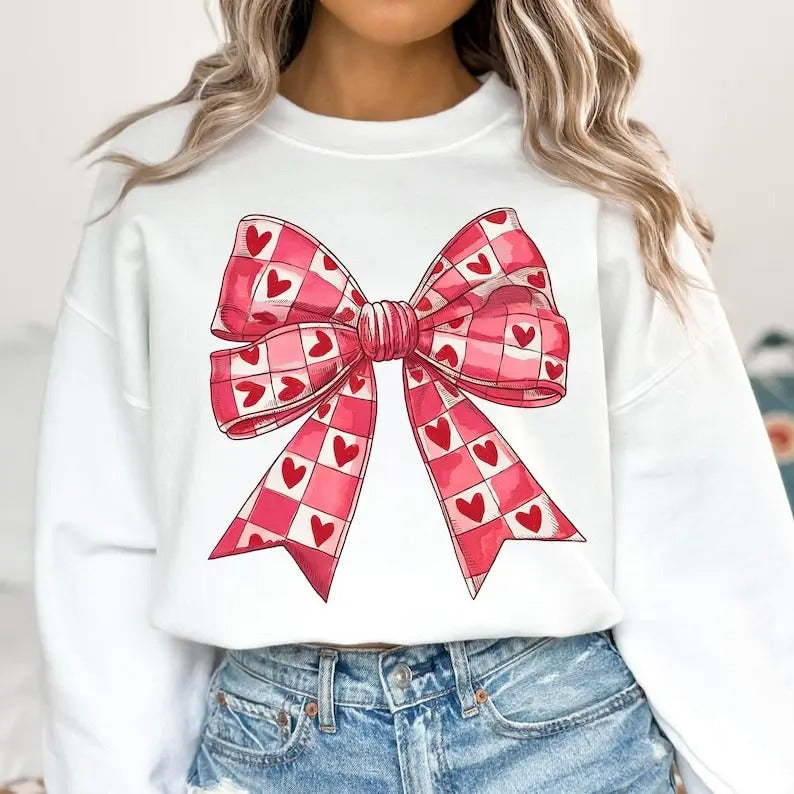 Valentines Day Heart Coquette Bow Sweatshirt Checkered Valentine , Retro Valentine , Valentine mama , Coquette , Love ,...