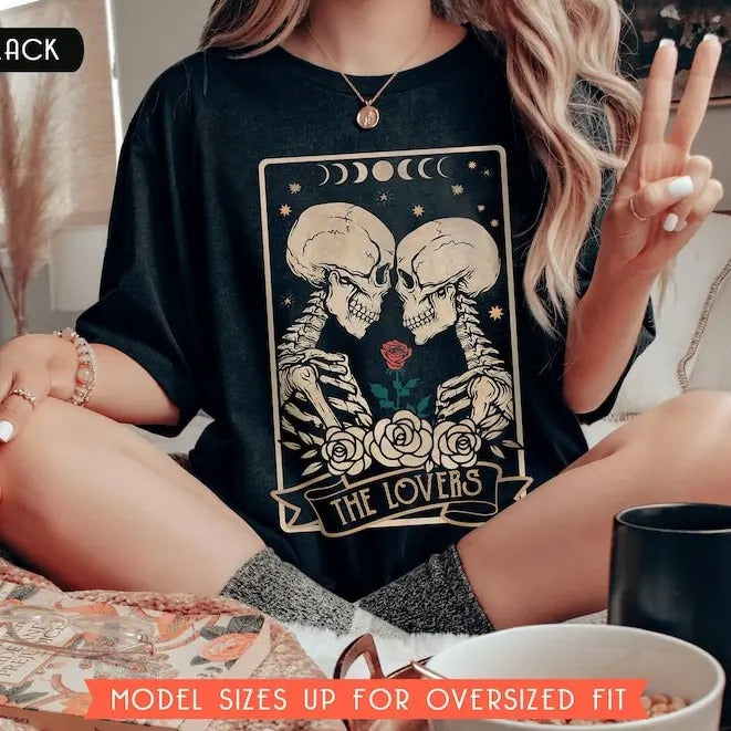 Valentines Day Tshirt, The Lovers Tarot Card Shirt, Skeleton Lovers Shirts, Gothic Valentine, Couple Matching Shirt,...