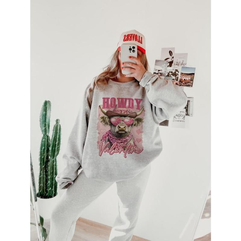 Valentines Highland Cow | Howdy Coquette Sweatshirt | Valentine Bow Crewneck T-Shirts, Hoodie | UrbanDripWear.com