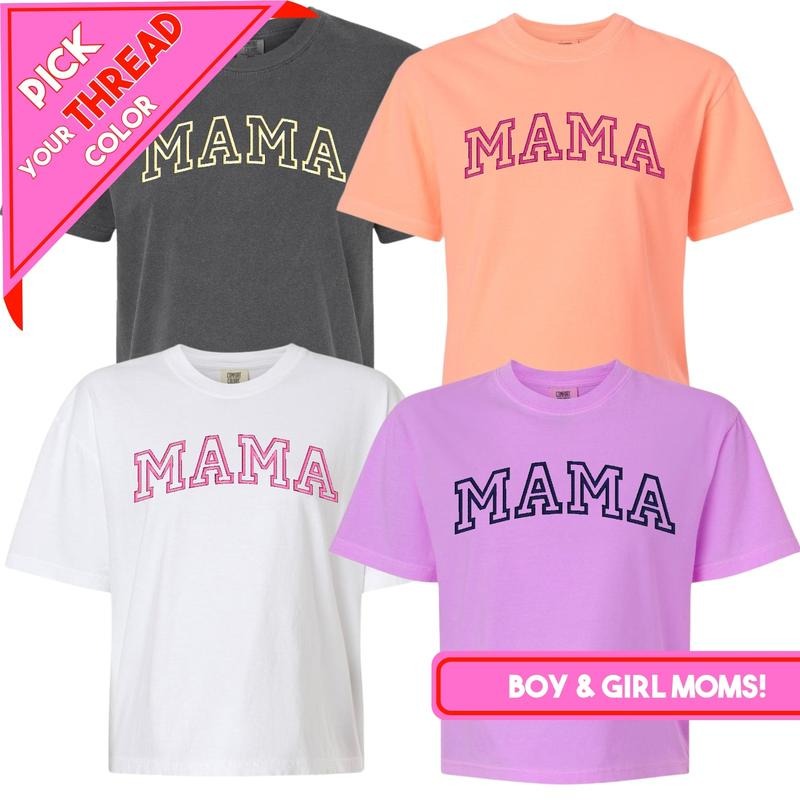 Varsity 'Mama' Embroidered Boxy T-Shirt Hoodie, Sweatshirt | UrbanDripWear.com