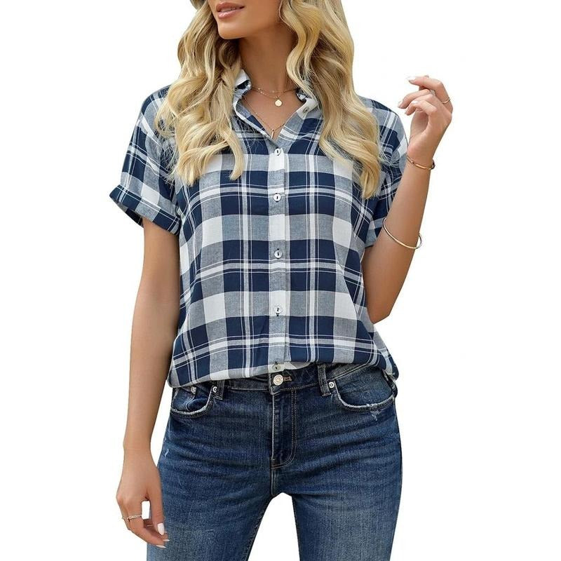 Veatzaer-Women's Plaid Short Sleeve Button Down Shirt Casual Summer Blouses Tops X Large Green Hoodie, Sweatshirt