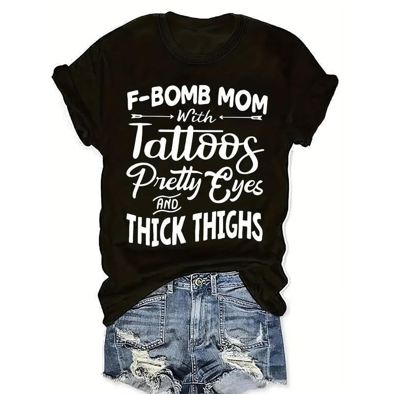 VelvetVixen Women's Lettering Print T-Shirt "F-Bomb Mom" - Casual Crew Neck Short Sleeve Top, Knit Fabric, All Seasons