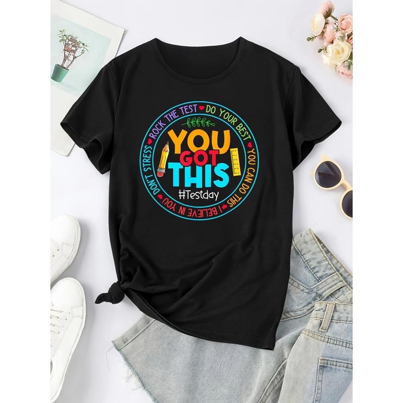 Vibrant Circle & Slogan Print Comfy T-Shirt - Soft Round Neck, Short Sleeve, Breathable, Moisture-Wicking, Womens...