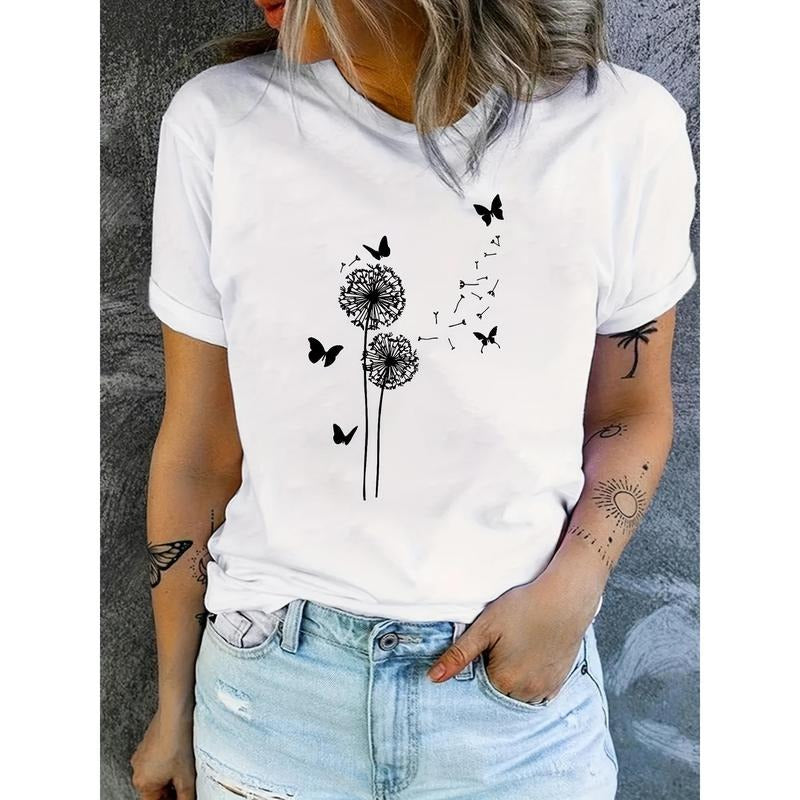 Vibrant Dandelion Print Short Sleeve Crew Neck T-Shirt - Soft Micro Elasticity Polyester Top for Spring and Summer